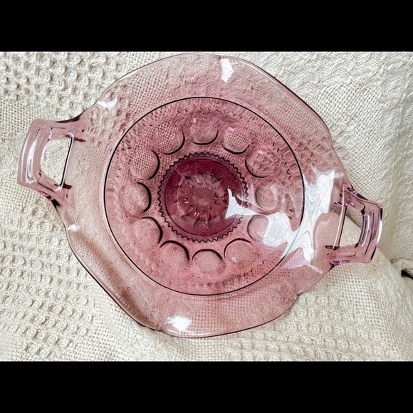 Purple Amethyst Kings Crown 2 Handled Crimped Bonbon Bowl 8 ½" Indiana Glass VTG - Picture 3 of 5